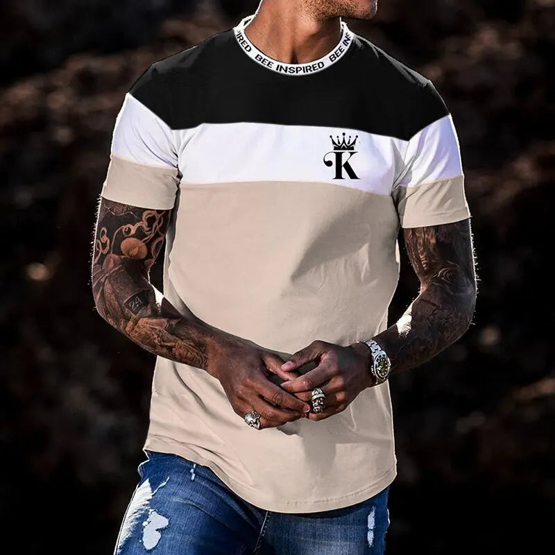 Summer Men's Fashion K Print Color Matching Casual Slim Fitting Short Sleeved T-shirt Outdoor Sports Running Top