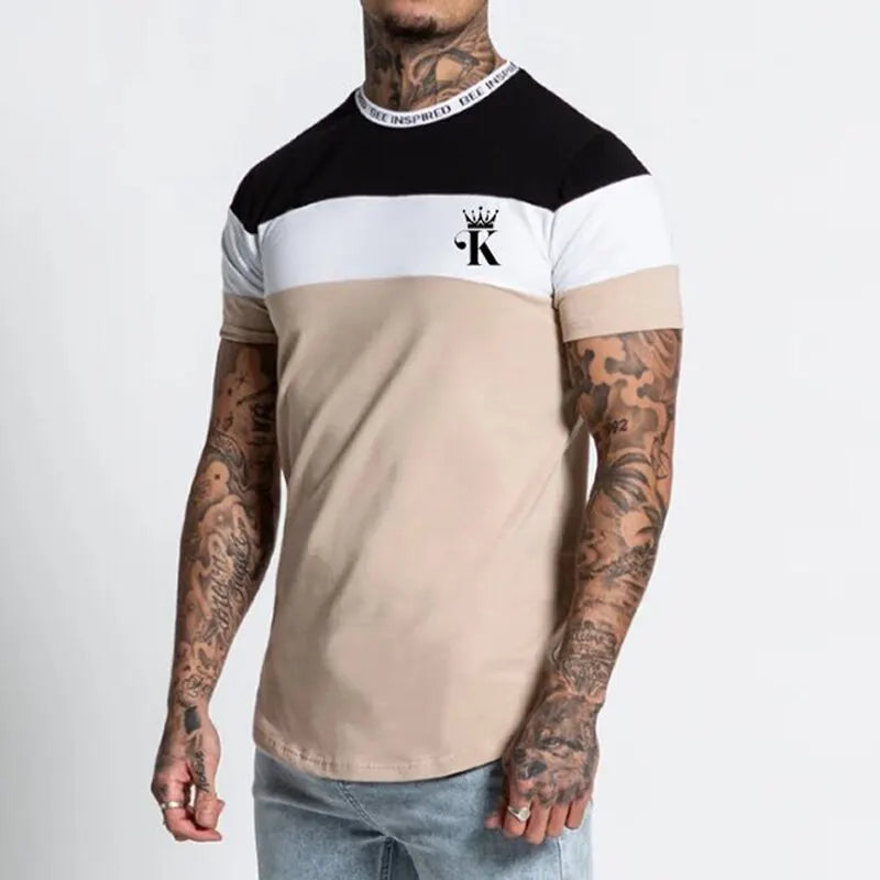 Summer Men's Fashion K Print Color Matching Casual Slim Fitting Short Sleeved T-shirt Outdoor Sports Running Top